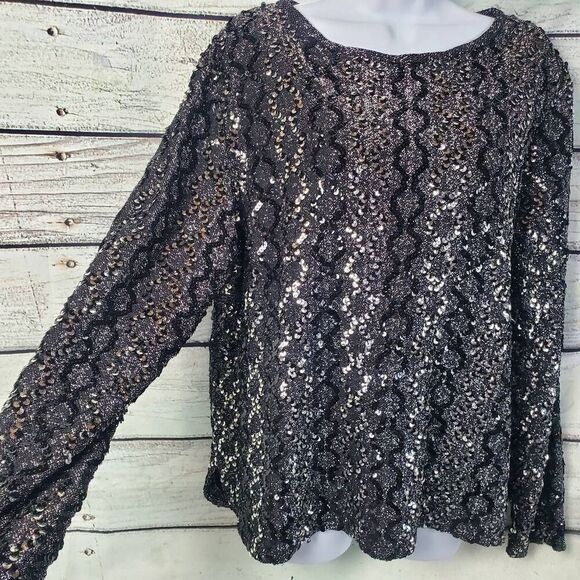 Vintage Montgomery Ward Sequin Blouse Black Metallic Long Sleeve Top Size 22W - Picture 3 of 7